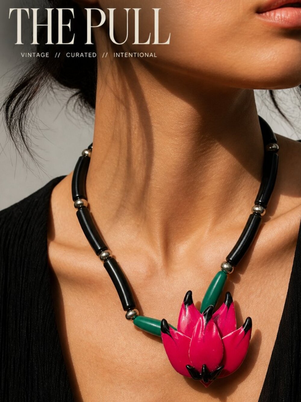 Vintage Enameled Metal Floral Statement Necklace Pink Black Green Artisan Pendan